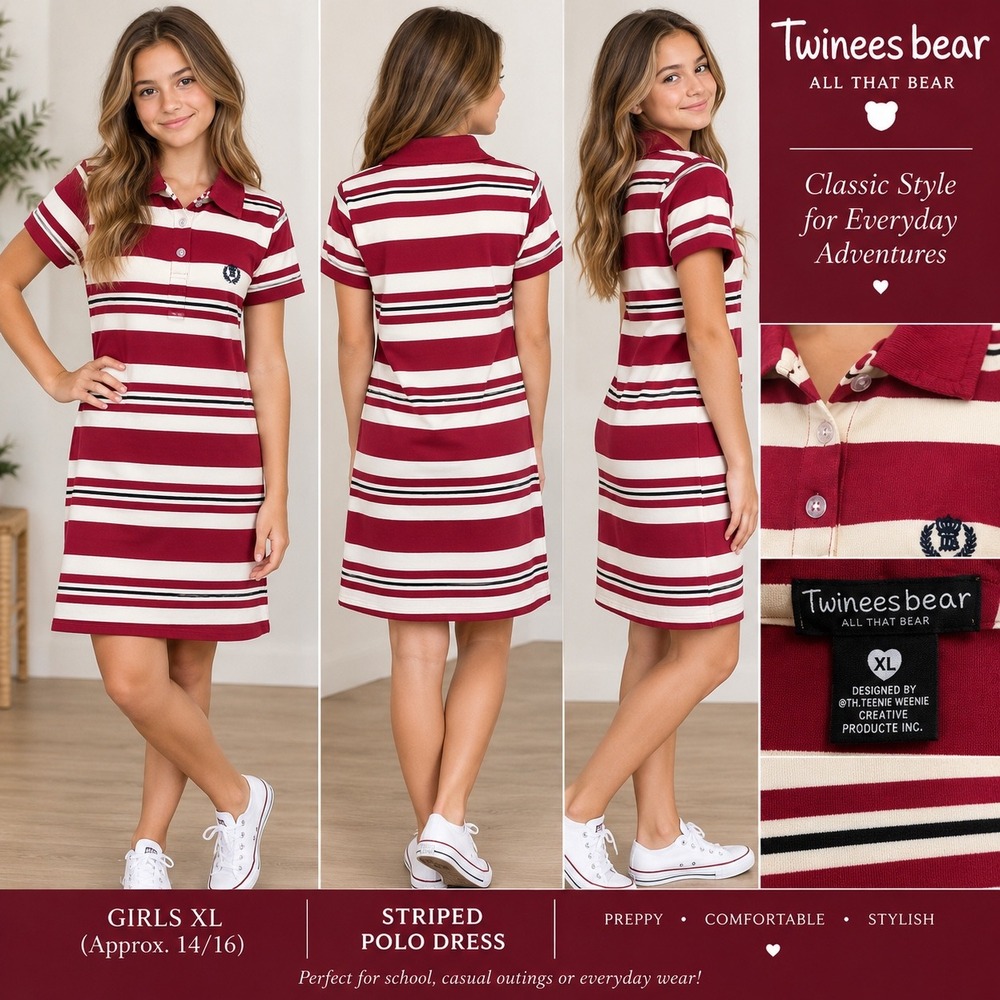 Twinees Bear Girls XL Striped Polo Dress Burgundy White Preppy Short Sleeve